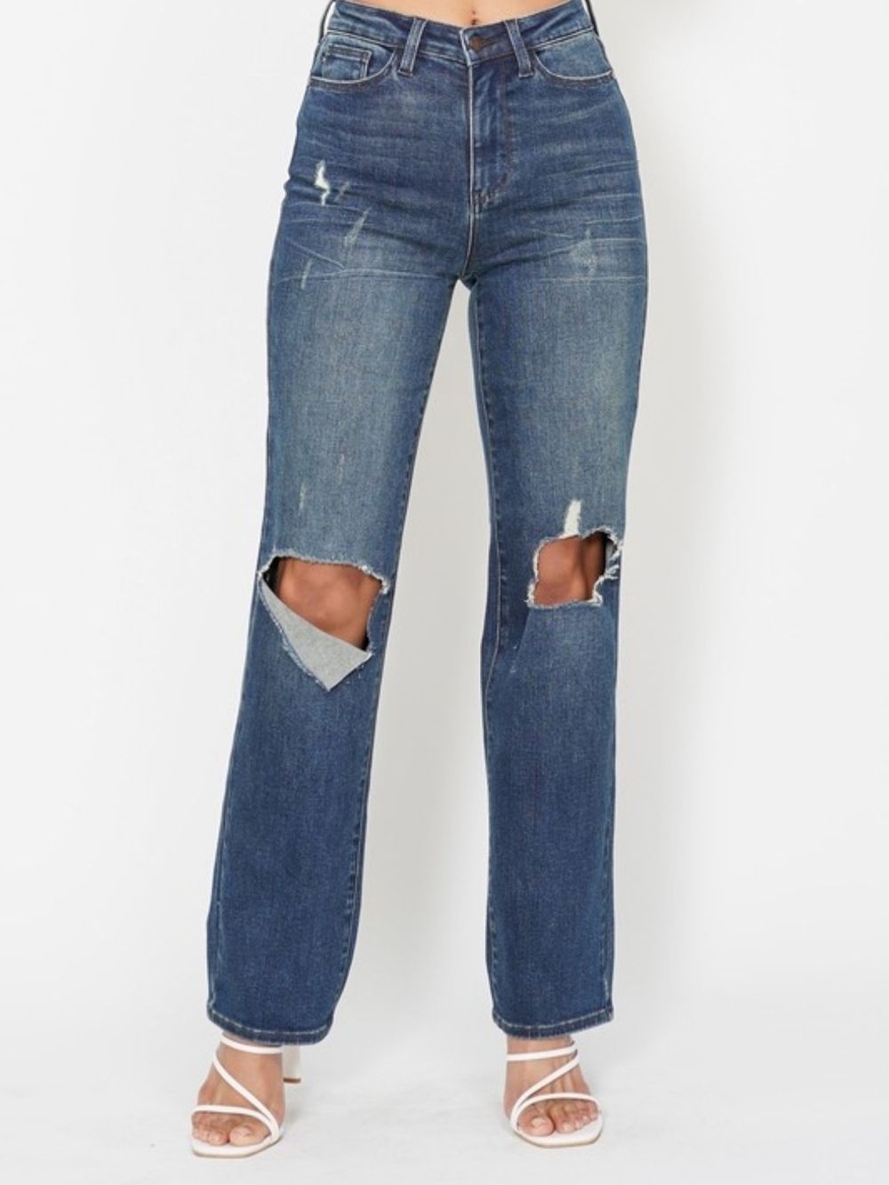 Classic High-Rise Distressed Straight Jeans - Blue   Size 13/31